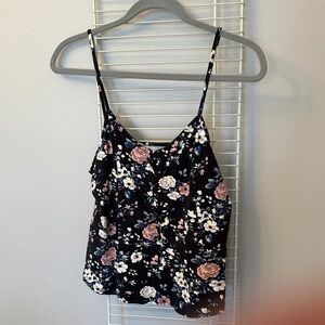 Floral Spaghetti Strap Cami Top - Black with Pink & White Flowers